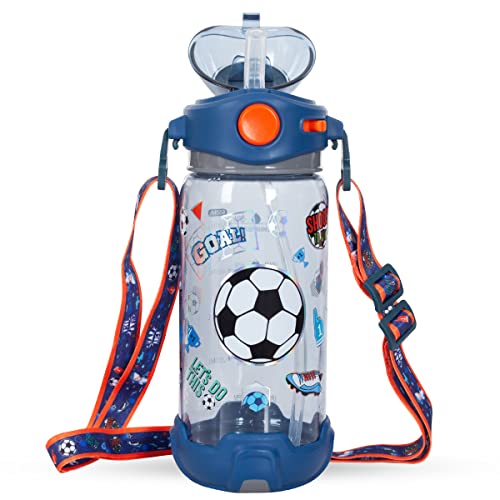 PinkSheep Borraccia per bambini con cannuccia/cordino, 650 ml, senza BPA, a prova di perdite, con tappo a ribalta, per scuola, bambini, ragazzi, scuola, sport, viaggi (calcio)