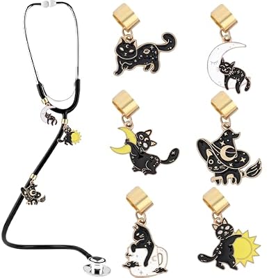 Cats Stethoscope Charm Tag for Nurse - 6 Pcs Cute Black Cat Personalized Stethoscope Charms Accessories, Stethoscopes Charm Gifts for Nurses Week Nurse Doctor, Medical Assistant