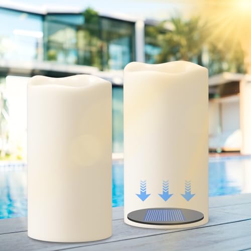 Eldnacele Candele solari a LED impermeabili per esterni, candele solari tremolanti dal tramonto all'alba, in plastica bianca, senza fiamma, per esterni, decorazioni da giardino (2 pezzi, diametro 3 x