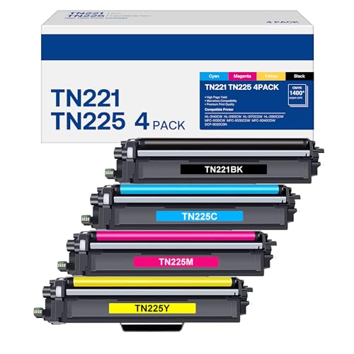 Image of TN221 TN225 Toner Cartridge High Yield Replacement for Brother TN-221 TN-225 Compatible with MFC-9130CW HL-3170CDW MFC-9340cdw (1B, 1C, 1M, 1Y, 4 Pack)