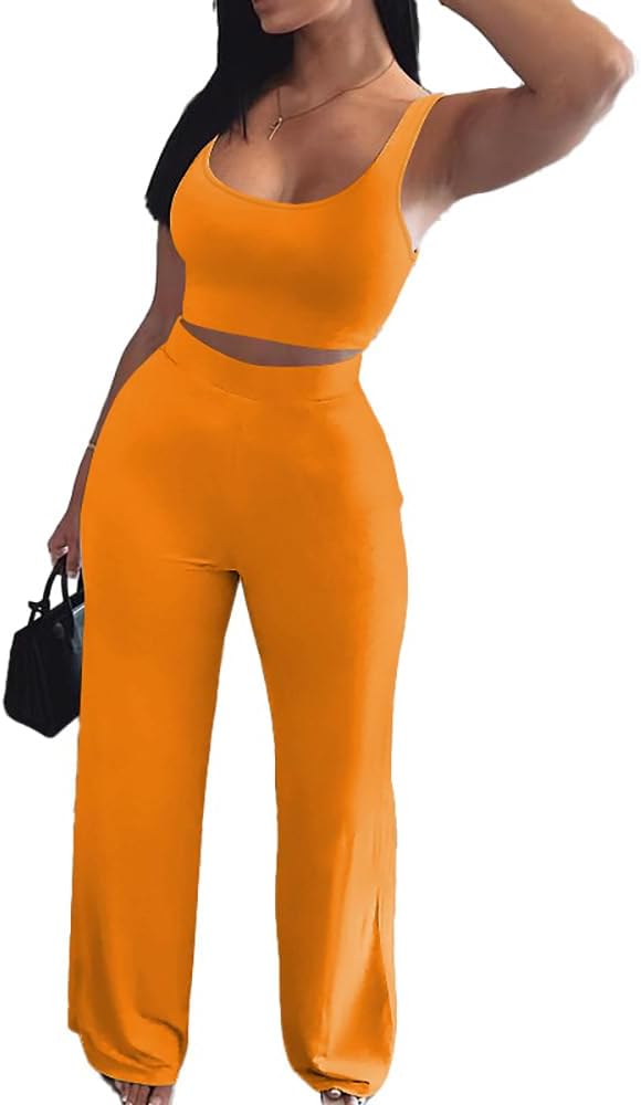 Nimsruc Women Sleeveless Wide Leg 2 Piece Tracksuit Pants Sets | Comfy Two Piece Outfits for Women, soft stretch matching sweat suit for summer lounge,streetwear,casual daily