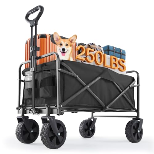 Sweetcrispy Collapsible Foldable Wagon Cart, Large Capacity Garden Cart with Wheels, Heavy Duty Utility Grocery Wagon with Drink Holders for Shopping Sports Camping, Large Black