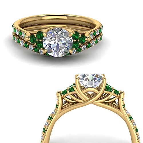 Image of Choose Your Gemstone Round Cut Petite Cathedral Wedding Ring Set Yellow Gold Plated Round Shape Wedding Ring Sets Matching Jewelry Wedding Jewelry Easy to Wear Gifts US Size 4 to 12