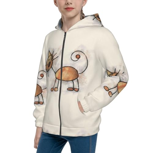 Brown Cat Cartoon Kids Pullover Hoodies Boys Zip Up Sweatshirts Girls Athletic Clothes with Pocket