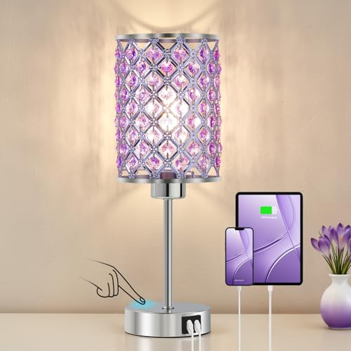 GyroVu Purple Crystal Table Lamp with USB C+A Ports Dimmable Touch Control Bedside Lamp with LED Bulb Small Night Light for Bedroom Living Room Girls Room Office