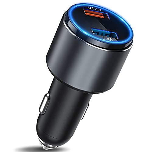 Car Charger, MOKPR Dual Port USB Car Charger Adapter with Blue LED, Quick Charge 3.0 & 2.4A Charging Port Compatible with iPhone 14/13/12/12 pro/11/11 pro/XR/8, Samsung Galaxy S21/S20/ S10/ S9/S8