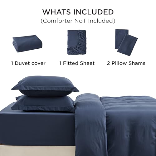 Image of Bedsure Duvet Cover King Size with Fitted Sheet - 4 Pieces Prewashed Polyester Soft Bedding Set, Includes 1 Duvet Cover 104x90 Inches with Zipper Closure, 2 Pillow Shams, 1 Fitted Sheet, Navy Blue