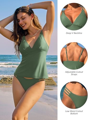 Image of ZAFUL Womens 2025 Tankini Sets Sexy V Neck Swimsuit, Swim Tank Top and Cutout Bikini Briefs Two Piece Bathing Suit