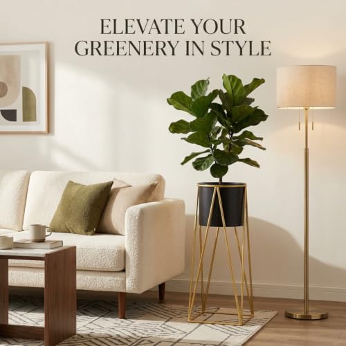 Image of CHROMIX Modern Metal Floor Flower Plant Stand with Planter Pot - Mid-Century Decorative Tall Indoor Plant Stand for Living Room, Bedroom, Balcony, Patio Display - Elegant Black Planter Holder