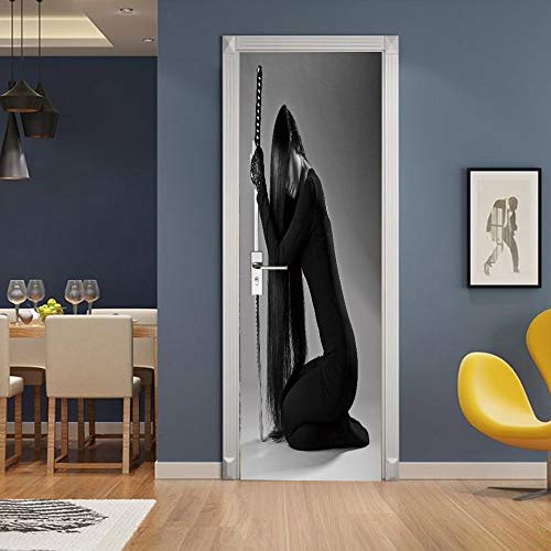 Door Sticker Wallpaper Murals Peel And Stick, Wall Sticker Decal For Bedroom Home Decor Waterproof, Removable Premium Vinyl Upgrade, Lady With Black Clothes With Samurai Knife #TOP4