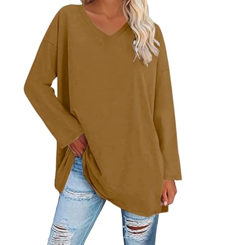 Tops para mujer, camiseta larga de gran tamaño, monocolor, cuello de pico, camiseta básica de manga larga, holgada, elegante, manga larga, informal, túnica, cómoda, básica, camiseta, Ye2, XXL