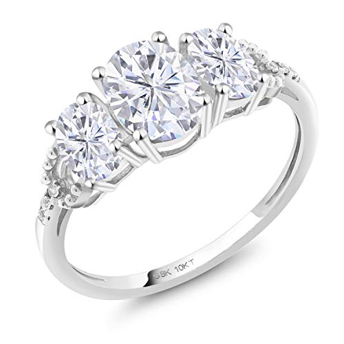 Gem Stone King 10K White Gold White Moissanite and White Diamond 3-Stone Engagement Ring | 1.92 Cttw | 3 Stone Wedding Anniversary Promise Ring For Women | Available In Size 5, 6, 7, 8, 9 - Main Image