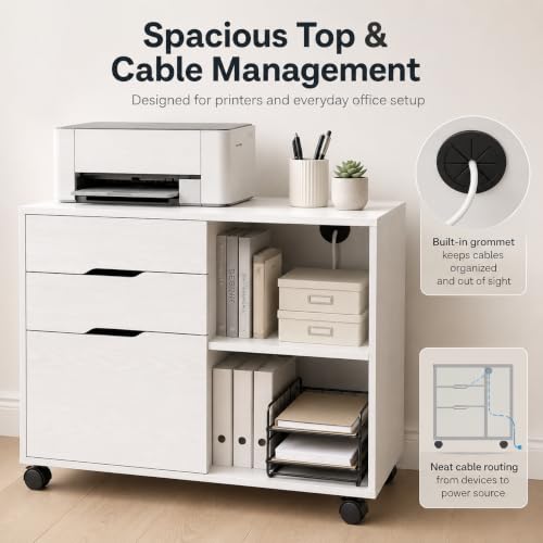 Image of Simple Deluxe 3 Drawer Rolling File Cabinet, Wood Printer Stand with Adjustable Shelf for Home Office Study Organizatiom, White