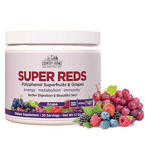 Country Farms Super Reds, Energizing Polyphenol Superfood, 40 Super Fruits and Berries, Powerful Antioxidants and Polyphenols, Supports Energy and Immunity, 20 Servings, Grape Flavor
