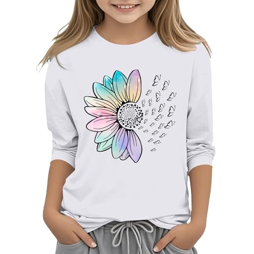 Youth Kids Girls 3/4 Sleeve T Shirt 𝐔v 𝐏rotection Round Neck Cute Cotton Shirts Casual Colorful Print