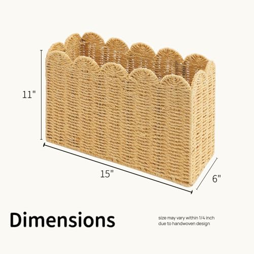 Scalloped Edge Magazine Holder Basket, Khaki Paper Rope Floor Magazine Rack, Woven Magazine File Holder Organizer for Mail, Newspapers & Books, Standing Narrow Storage for Home Office - Image 4