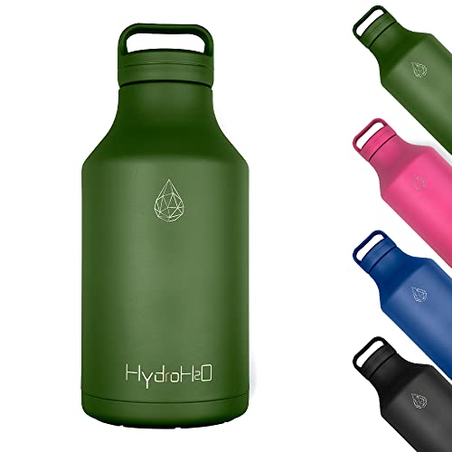 HYDRO H2O 64oz Stainless Steel Water Bottle, 1/2 gallon Vacuum Insulated Durable Jug, BPA-Free Metal Flask,Lightweight Double Wall Large Thermos for camping,sports,Gym, (Half Gallon Green)