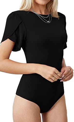 LAOLASI Women’s Petal Short Sleeve Bodysuit Crew Neck Slim Fit Casual Stretchy Body suit T Shirts