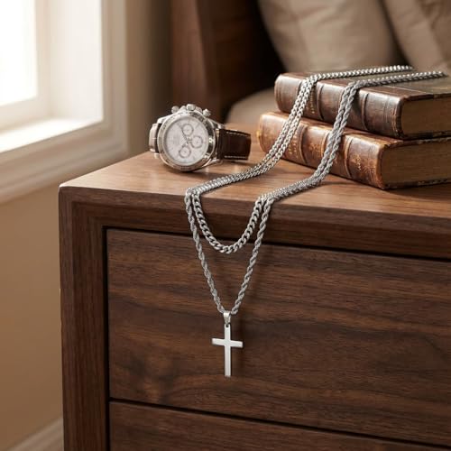 Men's Cross Necklace for Men - Silver Stainless Steel Layered Chain Set with Cross Pendant, Rope and Curb Chain Jewelry Accessories for Husband, Son, Boyfriend - Image 6