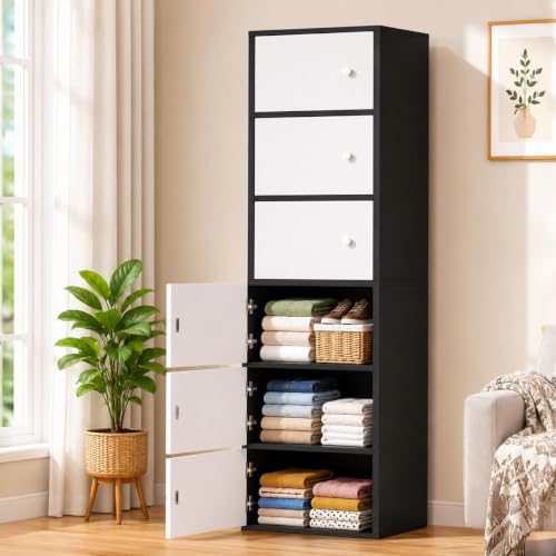 Image of Mevigo -Foldable Wooden Wardrobe for Bedroom | 6-Shelf Engineered Wood Storage Cabinet | Collapsible Cupboard Almirah for Clothes | Space Saving Wooden Wardrobe with Door - (Black
