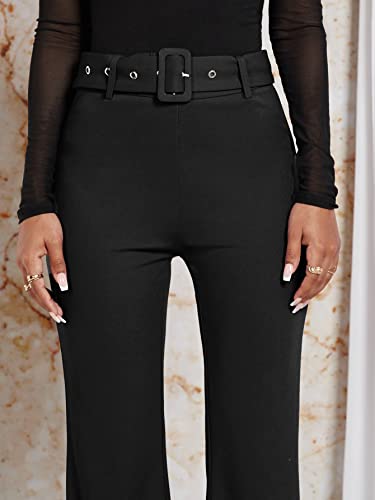 SweatyRocks Women's Casual High Waist Flare Wide Leg Pants Buckle Belted Long Trousers Pants4
