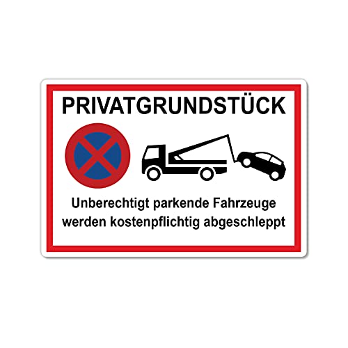 STROBO Privatgrundstück Unberechtigt parkende Fahrzeuge werden kostenpflichtig abgeschleppt Hinweisschild in Weiß | Stabile 3mm Hartschaumplatte als 30x20cm Schild mit UV-Schutz für den Außenbereich