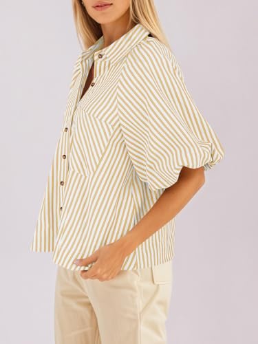 Image of Tankaneo Womens Short Puff Sleeve Button Down Shirts Striped Trendy Casual Loose Fit Blouse V Neck Collared Tops