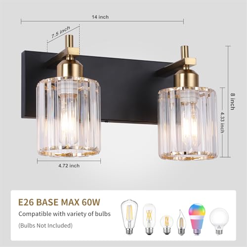 Image of Black and Gold Bathroom Vanity Lights, 2-Light Crystal Bathroom Light Fixtures Over Mirror, 14 Inch Modern Farmhouse Vanity Light, Brass Gold Wall Sconces for Bath Mirror Kitchen Hallway Cabinet