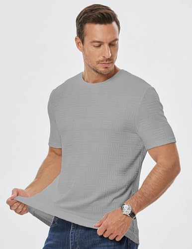 Image of JMIERR Mens T-Shirt Casual Stretch Solid Crewneck Short Sleeve Tees Textured Shirts