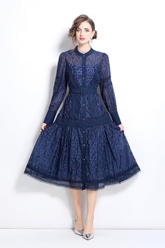 Image of LAI MENG FIVE CATS Women's Round Neck Lantern Sleeves Embroidery Button Layered Lace Hem Midi Dress with Belt