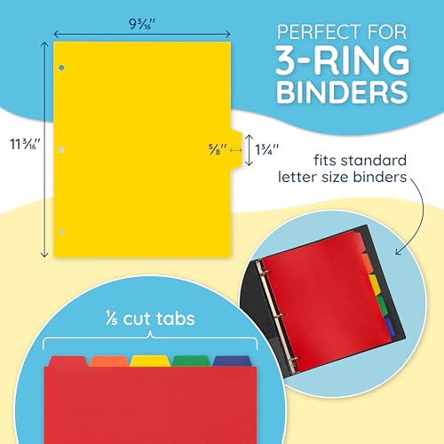 Blue Summit Supplies 5 Tab Heavy Duty Plastic Dividers for 3 Ring Binder, 15 Pack, Assorted Colors, 5 Tab Index Plastic Binder Dividers with Tabs and 3 Hole Punch, for Notebooks, Letter Size