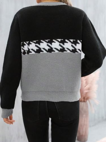 Image of chouyatou Women's Vintage Color Block Long Sleeve Pullover Sweater Houndstooth Printed Crewneck Jumper Tops