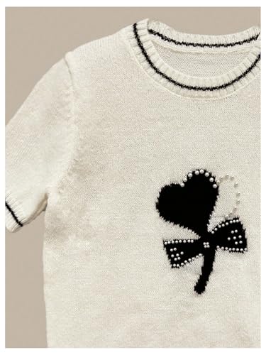 MakeMeChic Women's Contrast Binding Heart Pearls Sweater Crew Neck Short Sleeve Knit Pullover Top4