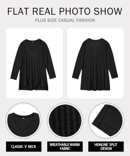 Image of RITERA Plus Size Women Sweaters Waffle Knit Pullover Top Long Sleeve Casual Crewneck Shirt Loose Split Hem Fall Winter Blouse