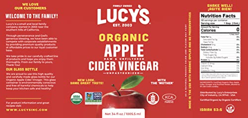 Lucy's Family Owned - Usda Organic Nongmo Raw Apple Cider Vinegar, Unfiltered, Unpasteurized, With The Mother, 34Oz Glass Bottle (2 Pack) #TOP3