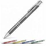 Meinearmbänder Personalisierter Metall Kugelschreiber mit Gravur – Wunschtext oder Firmenlogo – Blauschreibende Mine – Werbegeschenk für Unternehmen, Events, Büro & Schule (1, Grau)