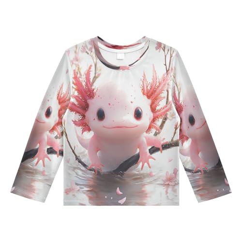 Axolotl with Cherry Blossoms Boys Rash Guard Long Sleeve UPF 50+ Boys Swim Shirt Quick Dry Shirt for 3-12 Years