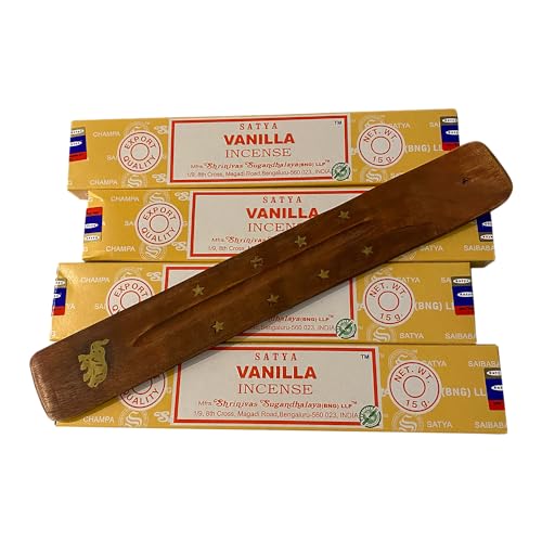 VIE Satya Incense Sticks, 4 Packs x 15g, with Incense Holder, Vanilla