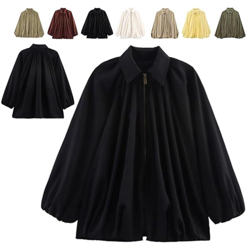 Balloon Sleeve Jacket For Women, Batwing Sleeve Lapel Front Zip Shirts, Oversized Pleated Streetwear Jackets