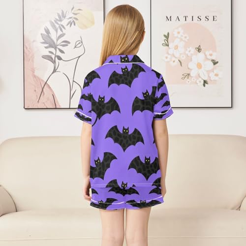 Satin Pajama Sets Short Sleeve Black Bats on Purple Background Button Down Silky Nightwear 2 Piece PJS 5-14Y4