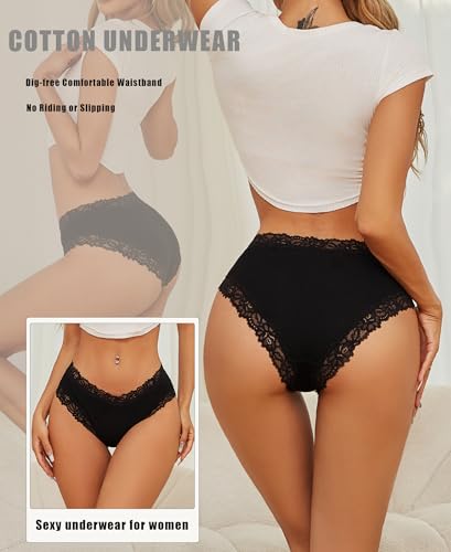 Image of FINETOO Womens Underwear Cotton Bikini Underwear for Women Lace Wasit Hipster Panties Soft Breathable Briefs 6 Pack