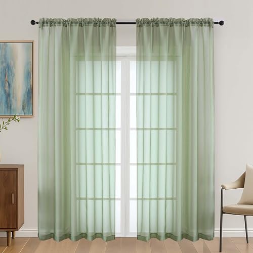 Image of OVZME Sage Green Sheer Curtains 72 Inches Long 2 Panels Set, Light Filtering Sheer Curtains for Living Room Bedroom 59 Inch Extra Wide, Modern Voile Filmy Rod Pocket Window Drapes, 59Wx72L Inches