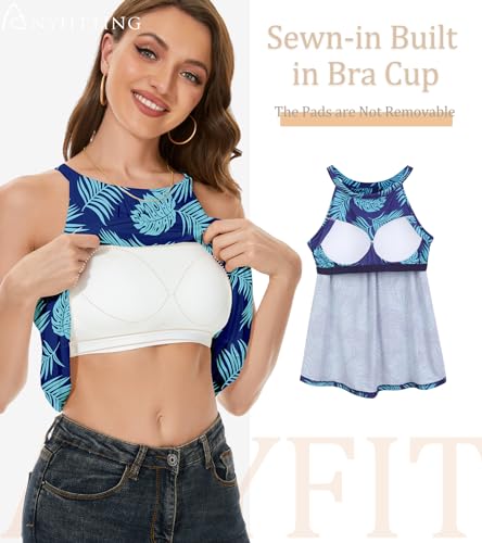 Image of Women Halter Tank Top with Built in Bra Flowy Sleevless Padded Camisole Loose Fit Summer Shirt Top S-3XL