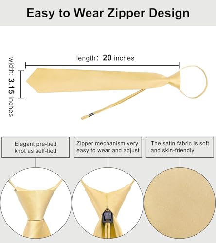 Image of YourTies Zipper Tie for Men Adjustable Pre-tied Satin Neckties and Pocket Square Set Solid Color Business Formal Wedding