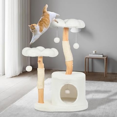 Yungaspy Cute Cat Tree Tower for Indoor Cats Adult, Wood Flower Cat Trees with 6 Pompoms, Modern Cat Tree Tower with Scratching Post, Aesthetic Luxury Cat Condo for Cats Kitten, Alpine White Cover
