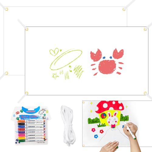 YANGUN Banner Selbst Gestalten, 2 Sets Großes Leeres Banner 180 x 100 cm und 8 Textilstifte in Verschiedenen Farben, Hängendem Seil Lackierbar Weiß LeinwandBanner für DIY Painting, Partyfeiern