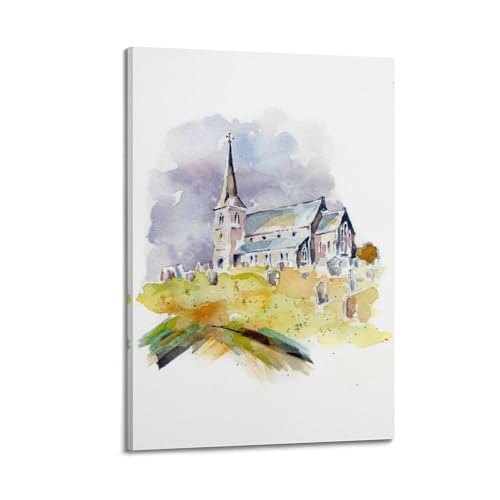 Impression sur toile église et pierres tombales WIZIGM style aquarelle 40x60cm