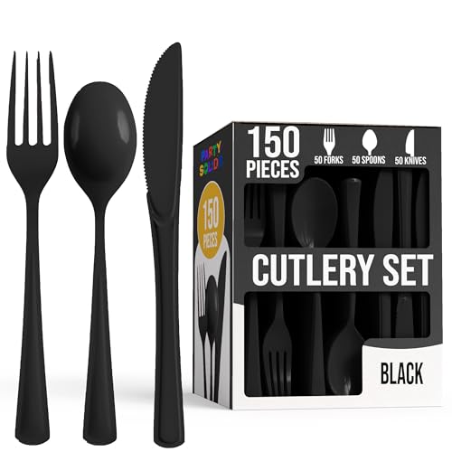 Party Solids Black Plastic Silverware Heavy Duty 150 Pieces Black Plastic Cutlery Sets, Utensil Sets, 50 Of Each Forks, Knives & Spoons Disposable Cutlery Set, Flatware Set For Party Supplies