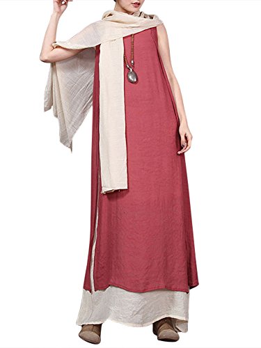 ZANZEA Ladies Cotton Linen Round Neck Two-Layer A-line Baggy Vintage Long Maxi Dress (16, Maroon with Scarf)