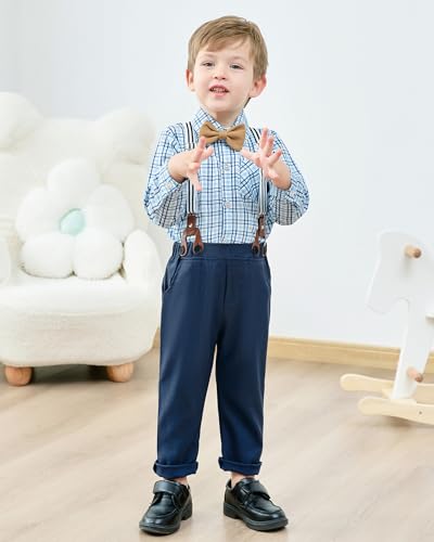 Image of ZOEREA Toddler Boy Suit Formal Wedding Outfits Gentleman Clothes Long Sleeve Shirt + Suspender Pants + Bowtie